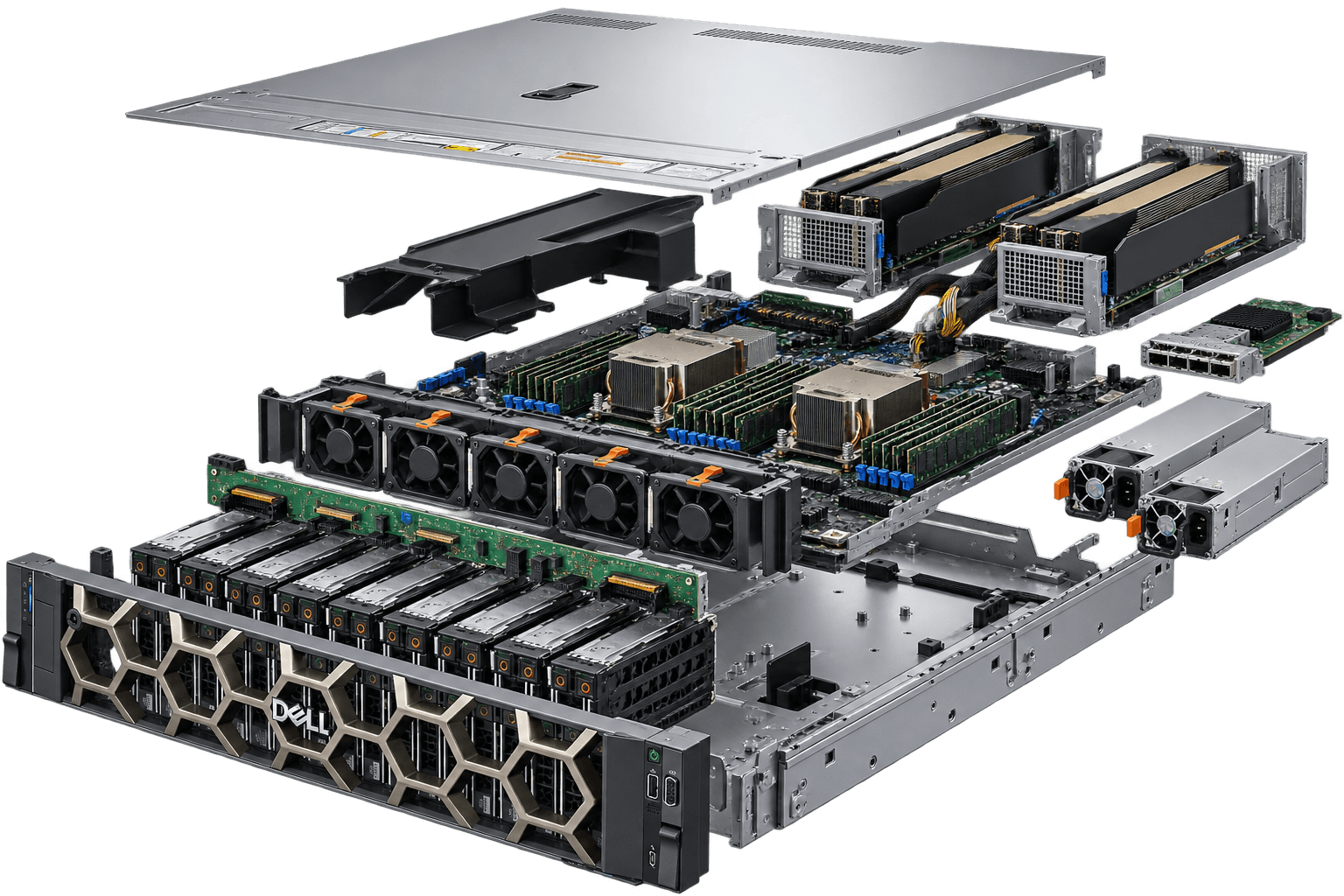 Exploded view of a 2U rack server, separated into chassis lid, air shroud, GPU risers, dual-socket motherboard with heatsinks and memory banks, hot-swap drive cage and backplane, fan wall, redundant power supplies, and the bare chassis.